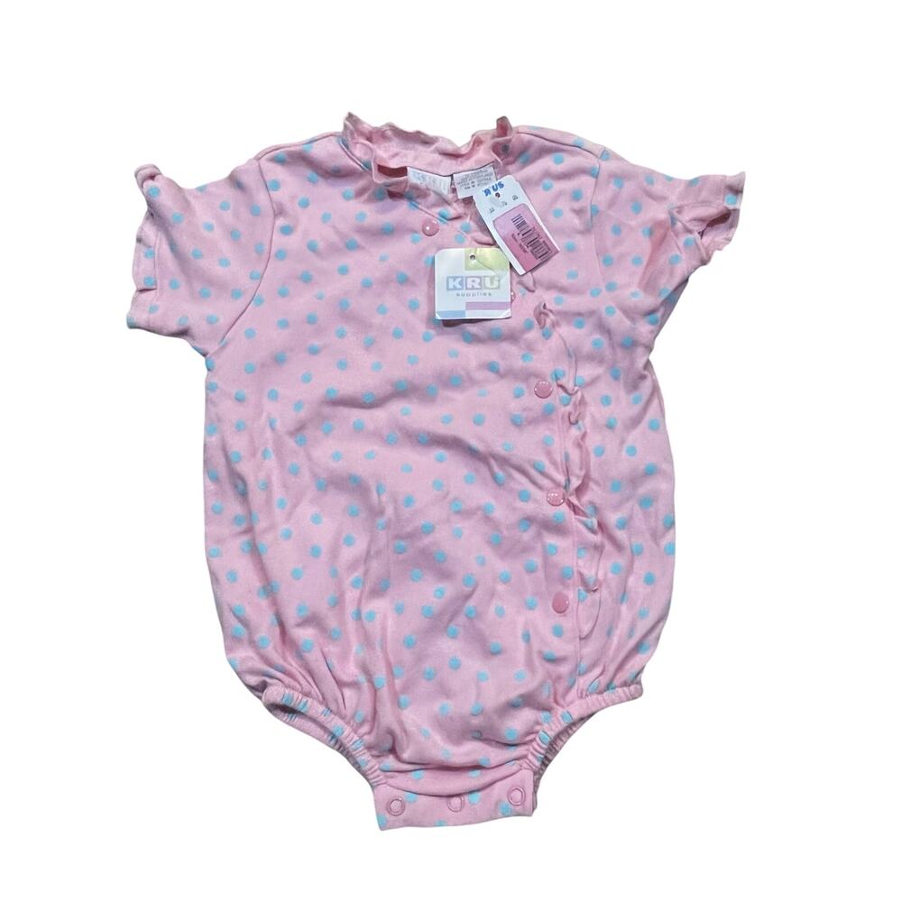 New Vintage KRU Supplies Baby Romper 12M Pink Polka Dot‎ Button Front Bodysuit
